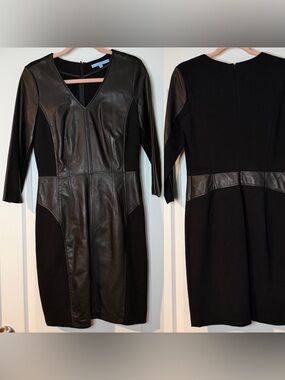 Antonio Melani Black Leather Panel V Neck Sheath Mini Dress